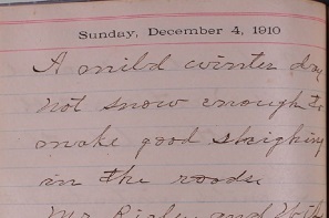 A faded page of Henry Wilcox's diary that says in cursive handwriting: "A mild winter day not snow enough to make good sleighing in the roads."